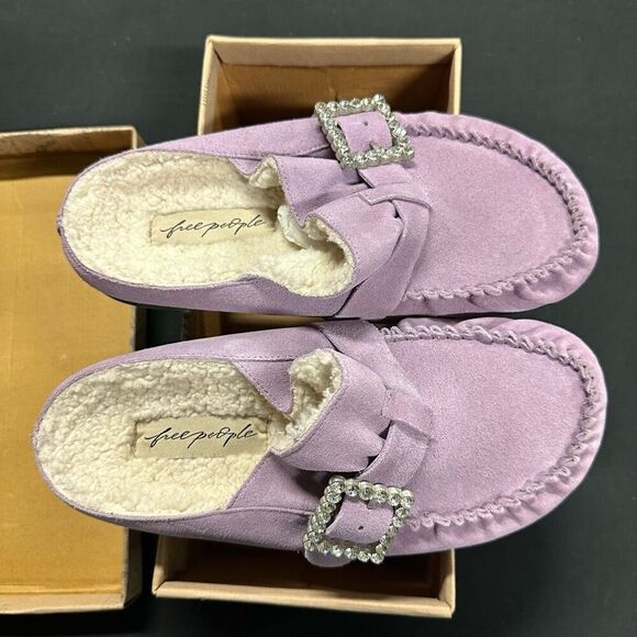 New Free People Shearling After Riding Mules 8.5 Lavender Suede - Picture 2 of 8